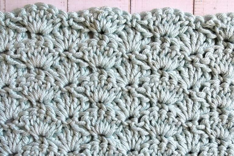 Close up of the crochet classic shell stitch