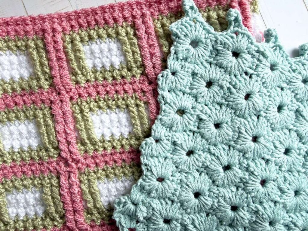Crochet stitch swatches in pink, green and blue